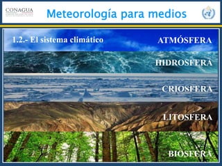 Meteorología para medios
ATMÓSFERA
HIDROSFERA
CRIOSFERA
LITOSFERA
BIOSFERA
1.2.- El sistema climático
 