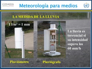 Meteorología para medios
LA MEDIDA DE LA LLUVIA
La lluvia es
torrencial si
su intensidad
supera los
60 mm/h
Pluviómetro Pluviógrafo
1 l/m2 = 1 mm
 