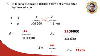 3. En la Carta Nacional 1 : 100 000, 11 km e el terreno están
representados por
1 d
---- = ---
X D
1 d
----- = ------
100 000 11 Km
d =
11
------
100 000
d =
1100000
----------
100 000
d =
11
-----
1
d = 11cm
 