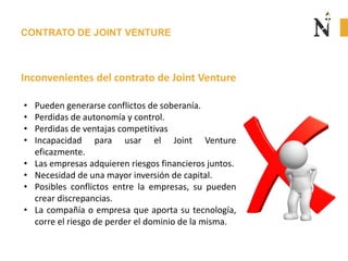 CONTRATO DE JOINT VENTURE
Inconvenientes del contrato de Joint Venture
• Pueden generarse conflictos de soberanía.
• Perdidas de autonomía y control.
• Perdidas de ventajas competitivas
• Incapacidad para usar el Joint Venture
eficazmente.
• Las empresas adquieren riesgos financieros juntos.
• Necesidad de una mayor inversión de capital.
• Posibles conflictos entre la empresas, su pueden
crear discrepancias.
• La compañía o empresa que aporta su tecnología,
corre el riesgo de perder el dominio de la misma.
 