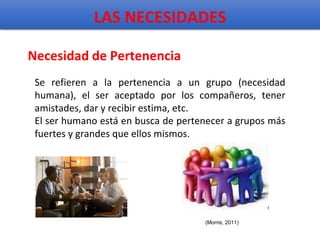 LAS NECESIDADES
Necesidad de Pertenencia
Se refieren a la pertenencia a un grupo (necesidad
humana), el ser aceptado por los compañeros, tener
amistades, dar y recibir estima, etc.
El ser humano está en busca de pertenecer a grupos más
fuertes y grandes que ellos mismos.
(Morris, 2011)
 