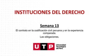 INSTITUCIONES DEL DERECHO
Semana 13
El contrato en la codificación civil peruana y en la experiencia
comparada.
Las obligaciones.
 