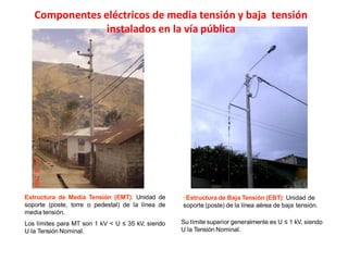 Estructura de Media Tensión (EMT): Unidad de
soporte (poste, torre o pedestal) de la línea de
media tensión.
Los límites para MT son 1 kV < U ≤ 35 kV, siendo
U la Tensión Nominal.
Estructura de Baja Tensión (EBT): Unidad de
soporte (poste) de la línea aérea de baja tensión.
Su límite superior generalmente es U ≤ 1 kV, siendo
U la Tensión Nominal.
Componentes eléctricos de media tensión y baja tensión
instalados en la vía pública
 