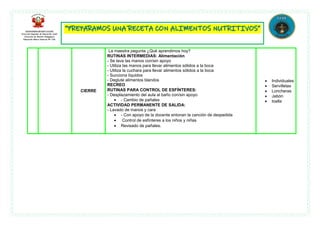CIERRE
La maestra pegunta ¿Qué aprendimos hoy?
RUTINAS INTERMEDIAS: Alimentación
- Se lava las manos con/sin apoyo
- Utiliza las manos para llevar alimentos sólidos a la boca
- Utiliza la cuchara para llevar alimentos sólidos a la boca
- Succiona líquidos
- Deglute alimentos blandos
RECREO
RUTINAS PARA CONTROL DE ESFÍNTERES:
- Desplazamiento del aula al baño con/sin apoyo
 - Cambio de pañales
ACTIVIDAD PERMANENTE DE SALIDA:
- Lavado de manos y cara
 - Con apoyo de la docente entonan la canción de despedida
 Control de esfínteres a los niños y niñas
 Revisado de pañales.
 Individuales
 Servilletas
 Loncheras
 Jabón
 toalla
 