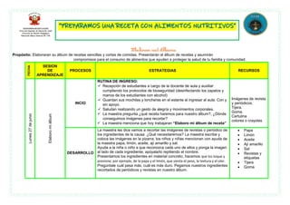 Propósito: Elaboraran su álbum de recetas sencillas y cortas de comidas. Presentarán el álbum de recetas y asumirán
compromisos para el consumo de alimentos que ayuden a proteger la salud de tu familia y comunidad.
FECHA
SESION
DE
APRENDIZAJE
PROCESOS ESTRATEGIAS RECURSOS
Lunes
27
de
junio
Elaboro
mi
álbum
INCIO
RUTINA DE INGRESO:
 Recepción de estudiantes a cargo de la docente de aula y auxiliar
cumpliendo los protocolos de bioseguridad (desinfectando los zapatos y
manos de los estudiantes con alcohol)
 Guardan sus mochilas y loncheras en el estante al ingresar al aula: Con y
sin apoyo.
 Saludan realizando un gesto de alegría y movimientos corporales.
 La maestra pregunta ¿qué receta haremos para nuestro álbum?, ¿Dónde
conseguimos imágenes para recortar?
 La maestra menciona que hoy trabajaran “Elaboro mi álbum de receta”
Imágenes de revista
y periódicos.
Tijera.
Goma.
Cartulina
colores o crayolas
DESARROLLO
La maestra les dice vamos a recortar las imágenes de revistas o periódico de
los ingredientes de la causa: ¿Qué necesitaremos? La maestra escribe y
coloca las imágenes en la pizarra, los niños y niñas mencionan con ayuda de
la maestra papa, limón, aceite, ají amarillo y sal.
Ayuda a la niña o niño a que reconozca cada uno de ellos y ponga la imagen
al lado de cada ingrediente; apóyala/lo repitiendo el nombre.
Presentamos los ingredientes en material concreto, hacemos que los toque y
presione; por ejemplo, de la papa y el limón, que sienta el peso, la textura y el olor.
Pregúntale cuál pesa más, cuál es más duro. Pegamos nuestros ingredientes
recortados de periódicos y revistas en nuestro álbum.
 Papa
 Limón
 Aceite
 Ají amarillo
 Sal
 Revistas y
etiquetas
 Tijera
 Goma
 