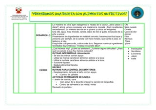 DESARROLLO
La maestra les dice ayer trabajamos la receta de la causa ¿será salado o
dulce?, ahora vamos a preparar una mazamorra morada ¿Qué ingredientes
necesitamos?: La maestra escribe en la pizarra y coloca las imágenes.
Una olla, agua, maíz morado, canela, clavo de olor al gusto, la cáscara de la
piña y azúcar.
Presentamos los ingredientes en material concreto, hacemos que los toque y
presione; por ejemplo, de la canela y el maíz morado, que sienta el peso, la
textura y el olor.
Pregúntale cuál pesa más, cuál es más duro. Pegamos nuestros ingredientes
recortados de periódicos y revistas en nuestro álbum
Olla
Maíz morado
Canela
Clavo de olor
Azúcar
Piña
Revistas
Tijera
goma
CIERRE
¿Qué hicimos hoy? ¿Cómo se sintieron? ¿Tuvieron alguna dificultad? ¿Para
qué nos servirá lo que hoy hemos realizado?
RUTINAS INTERMEDIAS: Alimentación
- Se lava las manos con/sin apoyo
- Utiliza las manos para llevar alimentos sólidos a la boca
- Utiliza la cuchara para llevar alimentos sólidos a la boca
- Succiona líquidos
- Deglute alimentos blandos
RECREO
RUTINAS PARA CONTROL DE ESFÍNTERES:
- Desplazamiento del aula al baño con/sin apoyo
 - Cambio de pañales
ACTIVIDAD PERMANENTE DE SALIDA:
- Lavado de manos y cara
 - Con apoyo de la docente entonan la canción de despedida
 Control de esfínteres a los niños y niñas
Revisado de pañales.
 Individuales
 Servilletas
 Loncheras
 Jabón
 toalla
 