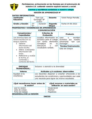 Participamos activamente en los festejos por el aniversario de
nuestra I.E. cuidando nuestro espacio natural y social.
Leemos y escribimos acrósticos a nuestro colegio
SESIÓN DE APRENDIZAJE N°
DATOS INFORMATIVOS
Institución
Educativa
“San Luis
Gonzaga” N°
51023
Docente Yanet Pareja Mansilla.
Grado y Sección :5°
“A”
Duración Segundo
bloque
Fecha 14-06-2022
PROPÓSITOS Y EVIDENCIAS DE APRENDIZAJE
COMUNICACIÓN
Competencias/
Capacidades
Criterios de
Evaluación
Producto
Lee diversos tipos de
textos escritos en su
lengua materna.
 Obtiene
información del
texto escrito.
 Infiere e interpreta
información del
texto.
 Reflexiona y evalúa
la forma, el
contenido y
contexto del texto.
Localiza información en
acróstico para el colegio
con varios elementos
complejos en su
estructura y con
vocabulario variado.
Leen y escriben
acróstico por nuestro
aniversario “san Luis
Gonzaga”.
Técnica/Instrumento
Lista de cotejos
ENFOQUE
TRANSVERSAL:
Inclusivo o atención a la diversidad
Valores Actitudes y/o acciones observables
Equidad en la
enseñanza
Los Docentes disponen a enseñar ofreciendo a los
estudiantes las condiciones y oportunidades que cada
uno necesita para lograr los mismo resultados.
¿Qué necesitamos hacer antes de
la sesión?
¿Qué recursos o materiales se
utilizarán en esta sesión?
Leer la sesión
Lista de cotejo.
Ficha de trabajo
-Hojas bond
-Plumón
-Papelotes
DESARROLLODE LA SESIÓN
INICIO
 