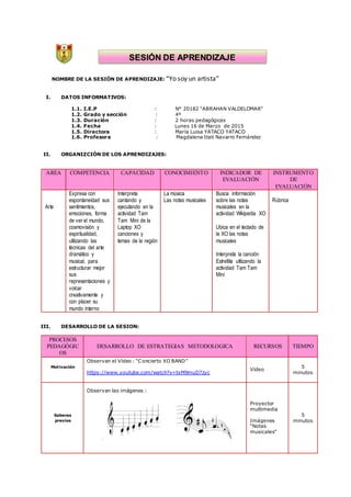 NOMBRE DE LA SESIÓN DE APRENDIZAJE: “Yo soy un artista”
I. DATOS INFORMATIVOS:
1.1. I.E.P : N° 20182 “ABRAHAN VALDELOMAR”
1.2. Grado y sección : 4º
1.3. Duración : 2 horas pedagógicas
1.4. Fecha : Lunes 16 de Marzo de 2015
1.5. Directora : María Luisa YATACO YATACO
1.6. Profesora : Magdalena Itati Navarro Fernández
II. ORGANIZCIÓN DE LOS APRENDIZAJES:
AREA COMPETENCIA CAPACIDAD CONOCIMIENTO INDICADOR DE
EVALUACIÓN
INSTRUMENTO
DE
EVALUACIÓN
Arte
Expresa con
espontaneidad sus
sentimientos,
emociones, forma
de ver el mundo,
cosmovisión y
espiritualidad,
utilizando las
técnicas del arte
dramático y
musical, para
estructurar mejor
sus
representaciones y
volcar
creativamente y
con placer su
mundo interno
Interpreta
cantando y
ejecutando en la
actividad Tam
Tam Mini de la
Laptop XO
canciones y
temas de la región
La música
Las notas musicales
Busca información
sobre las notas
musicales en la
actividad Wikipedia XO
Ubica en el teclado de
la XO las notas
musicales
Interpreta la canción
Estrellita utilizando la
actividad Tam Tam
Mini
Rúbrica
III. DESARROLLO DE LA SESION:
PROCESOS
PEDAGÓGIC
OS
DESARROLLO DE ESTRATEGIAS METODOLOGICA RECURSOS TIEMPO
Motivación
Observan el Vídeo : “Concierto XO BAND”
https://www.youtube.com/watch?v=txM9muD7zyc
Vídeo
5
minutos
Saberes
previos
Observan las imágenes :
Proyector
multimedia
Imágenes
“Notas
musicales”
5
minutos
 