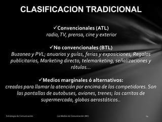 CLASIFICACION TRADICIONAL
Convencionales (ATL)
radio, TV, prensa, cine y exterior
No convencionales (BTL)
Buzoneo y PVL; anuarios y guías, ferias y exposiciones, Regalos
publicitarios, Marketing directo, telemarketing, señalizaciones y
rótulos...
Medios marginales ó alternativos:
creados para llamar la atención por encima de los competidores. Son
las pantallas de autobuses, aviones, trenes; los carritos de
supermercado, globos aerostáticos..

 