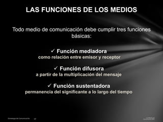 LAS FUNCIONES DE LOS MEDIOS
Todo medio de comunicación debe cumplir tres funciones
básicas:
 Función mediadora
como relación entre emisor y receptor

 Función difusora
a partir de la multiplicación del mensaje

 Función sustentadora
permanencia del significante a lo largo del tiempo

 