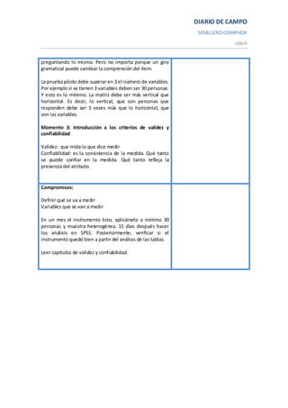 DIARIO DE CAMPO
                                                               SEMILLERO COMPHOR
                                                                           UdeA


preguntando lo mismo. Pero no importa porque un giro
gramatical puede cambiar la comprensión del ítem.

La prueba piloto debe superar en 3 el número de variables.
Por ejemplo si se tienen 3 variables deben ser 30 personas.
Y esto es lo mínimo. La matriz debe ser más vertical que
horizontal. Es decir, lo vertical, que son personas que
responden debe ser 3 veces más que lo horizontal, que
son las variables.

Momento 3: Introducción a los criterios de validez y
confiabilidad

Validez: que mida lo que dice medir
Confiabilidad: es la consistencia de la medida. Qué tanto
se puede confiar en la medida. Qué tanto refleja la
presencia del atributo.


Compromisos:

Definir qué se va a medir
Variables que se van a medir

En un mes el instrumento listo, aplicárselo a mínimo 30
personas y muestra heterogénea. 15 días después hacer
los análisis en SPSS. Posteriormente, verificar si el
instrumento quedó bien a partir del análisis de las tablas.

Leer capítulos de validez y confiabilidad.
 