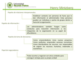 Henry Mintzberg
        Papeles de relaciones interpersonales:
                                          Establecer contacto con personas de fuera que le
                                          den información al administrador. Estas personas
                                          pueden ser individuos o partes de grupos dentro y
                                          fuera de la organización.
Papeles de información :
                                 Los administradores también fungen como
                                 conductos para transmitir información a los
                                 integrantes de la organización en su papel de
                                 difundidores .

        Papeles de toma de decisiones :
                                          Como emprendedores inicia nuevos proyectos.
                                          Como prefectos, emprenden acciones correctivas.
                                          Como distribuidores de recursos, son responsables
                                          de asignar los recursos: humanos, materiales y
                                          económicos
Papel de negociadores:


                                  Tratan asuntos y negocian con otras unidades para
                                  conseguir ventajas para su propia unidad
 