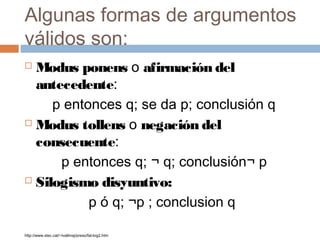 Algunas formas de argumentos
válidos son:
Modus ponens o afirmación del
antecedente:
p entonces q; se da p; conclusión q
 Modus tollens o negación del
consecuente:
p entonces q; ¬ q; conclusión¬ p
 Silogismo disyuntivo:
p ó q; ¬p ; conclusion q


http://www.xtec.cat/~lvallmaj/preso/fal-log2.htm

 