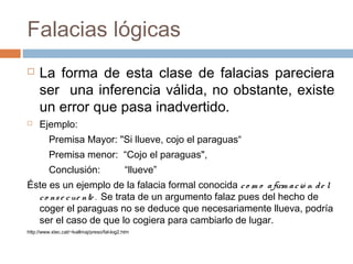 Falacias lógicas




La forma de esta clase de falacias pareciera
ser una inferencia válida, no obstante, existe
un error que pasa inadvertido.
Ejemplo:
Premisa Mayor: "Si llueve, cojo el paraguas“
Premisa menor: “Cojo el paraguas",
Conclusión:

“llueve”

Éste es un ejemplo de la falacia formal conocida c o m o a firm a c ió n d e l
c o ns e c ue nte . Se trata de un argumento falaz pues del hecho de
coger el paraguas no se deduce que necesariamente llueva, podría
ser el caso de que lo cogiera para cambiarlo de lugar.
http://www.xtec.cat/~lvallmaj/preso/fal-log2.htm

 