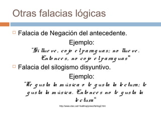 Otras falacias lógicas




Falacia de Negación del antecedente.
Ejemplo:
" Si llue ve , c o jo e l p a ra g ua s ; no llue ve .
Ento nc e s , no c o jo e l p a ra g ua s "
Falacia del silogismo disyuntivo.
Ejemplo:
" Te g us ta la m ús ic a o te g us ta la le c tura ; te
g us ta la m ús ic a . Ento nc e s no te g us ta la
le c tura “
http://www.xtec.cat/~lvallmaj/preso/fal-log2.htm

 