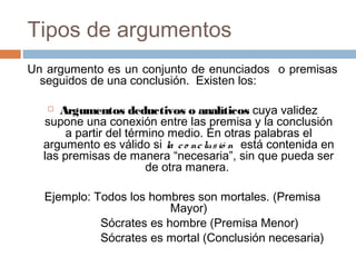 Tipos de argumentos
Un argumento es un conjunto de enunciados o premisas
seguidos de una conclusión. Existen los:
Argumentos deductivos o analíticos cuya validez
supone una conexión entre las premisa y la conclusión
a partir del término medio. En otras palabras el
argumento es válido si la c o nc lus ió n está contenida en
las premisas de manera “necesaria”, sin que pueda ser
de otra manera.


Ejemplo: Todos los hombres son mortales. (Premisa
Mayor)
Sócrates es hombre (Premisa Menor)
Sócrates es mortal (Conclusión necesaria)

 