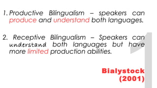 Bialystock
(2001)
1. Productive Bilingualism – speakers can
produce and understand both languages.
2. Receptive Bilingualism – Speakers can
understand both languages but have
more limited production abilities.
 