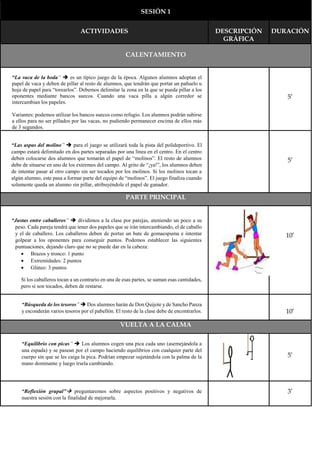 SESIÓN 1
ACTIVIDADES DESCRIPCIÓN
GRÁFICA
DURACIÓN
CALENTAMIENTO
“La vaca de la boda”  es un típico juego de la época. Algunos alumnos adoptan el
papel de vaca y deben de pillar al resto de alumnos, que tendrán que portar un pañuelo u
hoja de papel para “torearlos”. Debemos delimitar la zona en la que se pueda pillar a los
oponentes mediante bancos suecos. Cuando una vaca pilla a algún corredor se
intercambian los papeles.
Variantes: podemos utilizar los bancos suecos como refugio. Los alumnos podrán subirse
a ellos para no ser pillados por las vacas, no pudiendo permanecer encima de ellos más
de 3 segundos.
5’
“Las aspas del molino”  para el juego se utilizará toda la pista del polideportivo. El
campo estará delimitado en dos partes separadas por una línea en el centro. En el centro
deben colocarse dos alumnos que tomarán el papel de “molinos”. El resto de alumnos
debe de situarse en uno de los extremos del campo. Al grito de “¡ya!”, los alumnos deben
de intentar pasar al otro campo sin ser tocados por los molinos. Si los molinos tocan a
algún alumno, este pasa a formar parte del equipo de “molinos”. El juego finaliza cuando
solamente queda un alumno sin pillar, atribuyéndole el papel de ganador.
5’
PARTE PRINCIPAL
“Justas entre caballeros”  dividimos a la clase por parejas, ateniendo un poco a su
peso. Cada pareja tendrá que tener dos papeles que se irán intercambiando, el de caballo
y el de caballero. Los caballeros deben de portar un bate de gomaespuma e intentar
golpear a los oponentes para conseguir puntos. Podemos establecer las siguientes
puntuaciones, dejando claro que no se puede dar en la cabeza:
 Brazos y tronco: 1 punto
 Extremidades: 2 puntos
 Glúteo: 3 puntos
Si los caballeros tocan a un contrario en una de esas partes, se suman esas cantidades,
pero si son tocados, deben de restarse.
10’
“Búsqueda de los tesoros”  Dos alumnos harán de Don Quijote y de Sancho Panza
y esconderán varios tesoros por el pabellón. El resto de la clase debe de encontrarlos. 10’
VUELTA A LA CALMA
“Equilibrio con picas”  Los alumnos cogen una pica cada uno (asemejándola a
una espada) y se pasean por el campo haciendo equilibrios con cualquier parte del
cuerpo sin que se les caiga la pica. Podrían empezar sujetándola con la palma de la
mano dominante y luego írsela cambiando.
5’
“Reflexión grupal” preguntaremos sobre aspectos positivos y negativos de
nuestra sesión con la finalidad de mejorarla.
3’
 