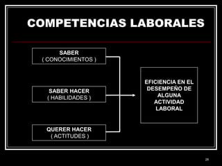 COMPETENCIAS LABORALES
SABER
( CONOCIMIENTOS )

SABER HACER
( HABILIDADES )

EFICIENCIA EN EL
DESEMPEÑO DE
ALGUNA
ACTIVIDAD
LABORAL

QUERER HACER
( ACTITUDES )

28

 