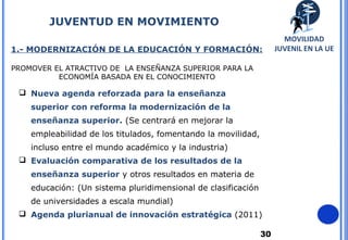 30
1.- MODERNIZACIÓN DE LA EDUCACIÓN Y FORMACIÓN:
PROMOVER EL ATRACTIVO DE LA ENSEÑANZA SUPERIOR PARA LA
ECONOMÍA BASADA EN EL CONOCIMIENTO
 Nueva agenda reforzada para la enseñanza
superior con reforma la modernización de la
enseñanza superior. (Se centrará en mejorar la
empleabilidad de los titulados, fomentando la movilidad,
incluso entre el mundo académico y la industria)
 Evaluación comparativa de los resultados de la
enseñanza superior y otros resultados en materia de
educación: (Un sistema pluridimensional de clasificación
de universidades a escala mundial)
 Agenda plurianual de innovación estratégica (2011)
JUVENTUD EN MOVIMIENTO
MOVILIDAD
JUVENIL EN LA UE
 