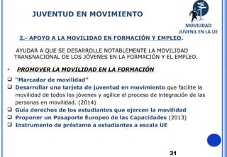 31
2.- APOYO A LA MOVILIDAD EN FORMACIÓN Y EMPLEO.
AYUDAR A QUE SE DESARROLLE NOTABLEMENTE LA MOVILIDAD
TRANSNACIONAL DE LOS JÓVENES EN LA FORMACIÓN Y EL EMPLEO.
• PROMOVER LA MOVILIDAD EN LA FORMACIÓN
 “Marcador de movilidad”
 Desarrollar una tarjeta de juventud en movimiento que facilite la
movilidad de todos los jóvenes y agilice el proceso de integración de las
personas en movilidad. (2014)
 Guía derechos de los estudiantes que ejercen la movilidad
 Proponer un Pasaporte Europeo de las Capacidades (2013)
 Instrumento de préstamo a estudiantes a escala UE
JUVENTUD EN MOVIMIENTO
MOVILIDAD
JUVENIL EN LA UE
 