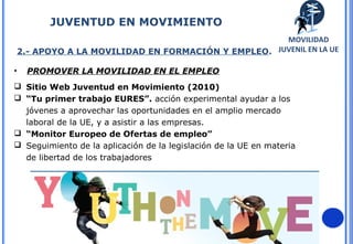 32
2.- APOYO A LA MOVILIDAD EN FORMACIÓN Y EMPLEO.
• PROMOVER LA MOVILIDAD EN EL EMPLEO
 Sitio Web Juventud en Movimiento (2010)
 “Tu primer trabajo EURES”. acción experimental ayudar a los
jóvenes a aprovechar las oportunidades en el amplio mercado
laboral de la UE, y a asistir a las empresas.
 “Monitor Europeo de Ofertas de empleo”
 Seguimiento de la aplicación de la legislación de la UE en materia
de libertad de los trabajadores
JUVENTUD EN MOVIMIENTO
MOVILIDAD
JUVENIL EN LA UE
 