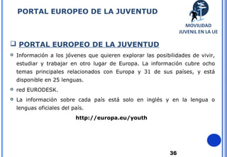 36
PORTAL EUROPEO DE LA JUVENTUD
 PORTAL EUROPEO DE LA JUVENTUD
 Información a los jóvenes que quieren explorar las posibilidades de vivir,
estudiar y trabajar en otro lugar de Europa. La información cubre ocho
temas principales relacionados con Europa y 31 de sus países, y está
disponible en 25 lenguas.
 red EURODESK.
 La información sobre cada país está solo en inglés y en la lengua o
lenguas oficiales del país.
http://europa.eu/youth
MOVILIDAD
JUVENIL EN LA UE
 