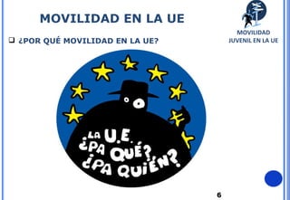6
 ¿POR QUÉ MOVILIDAD EN LA UE?
MOVILIDAD EN LA UE
MOVILIDAD
JUVENIL EN LA UE
 