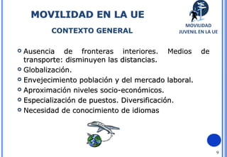 9
 Ausencia de fronteras interiores. Medios de
transporte: disminuyen las distancias.
 Globalización.
 Envejecimiento población y del mercado laboral.
 Aproximación niveles socio-económicos.
 Especialización de puestos. Diversificación.
 Necesidad de conocimiento de idiomas
CONTEXTO GENERAL
MOVILIDAD EN LA UE
 Ausencia de fronteras interiores. Medios de
transporte: disminuyen las distancias.
 Globalización.
 Envejecimiento población y del mercado laboral.
 Aproximación niveles socio-económicos.
 Especialización de puestos. Diversificación.
 Necesidad de conocimiento de idiomas
MOVILIDAD EN LA UE
CONTEXTO GENERAL
MOVILIDAD EN LA UE
MOVILIDAD
JUVENIL EN LA UE
 