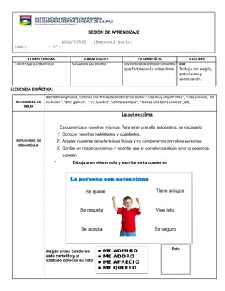 ACTIVIDADES DE APRENDIZAJE:
COMPETENCIAS CAPACIDADES DESEMPEÑOS VALORES
Construye su identidad Se valora a sí mismo. Identificaloscomportamientos
que fortalecen la autoestima.
Paz
Trabaja con alegría,
entusiasmoy
cooperación.
SECUENCIA DIDÁCTICA:
ACTIVIDADES DE
INICIO
Recibenengrupos,cartelesconfrasesde motivacióncomo:“Eresmuyimportante”,“Eresvalioso, no
lodudes”,“Eresgenial”, “ Tú puedes”,Sonríe siempre”,“Tienesunabellasonrisa”,etc.
ACTIVIDADES DE
DESARROLLO
La autoestima
Es querernos a nosotros mismos. Para tener una alta autoestima, es necesario:
1) Conocer nuestras habilidades y cualidades.
2) Aceptar nuestras características físicas y no compararnos con otras personas.
3) Confiar en nosotros mismos y recordar que si cometemos algún error lo podemos
superar.
* Dibuja a un niño o niña y escribe en tu cuaderno.
Pegan en su cuaderno
este cartelito y al
costado colocan su foto
SESIÓN DE APRENDIZAJE
ÁREA/CURSO :Personal social
GRADO : 3ª C
FECHA : 7 de marzo DURACIÓN :
2 sesiones
Foto
 