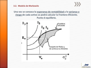 Una vez se conozca la esperanza de rentabilidad y la varianza o
riesgo de cada activo se podrá calcular la Frontera Eficiente.
Punto d equilibrio.
3.2. Modelo de Markowitz
 
