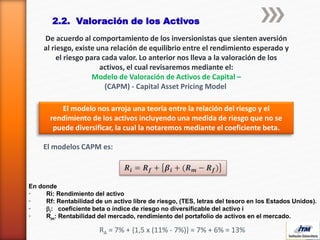 De acuerdo al comportamiento de los inversionistas que sienten aversión
al riesgo, existe una relación de equilibrio entre el rendimiento esperado y
el riesgo para cada valor. Lo anterior nos lleva a la valoración de los
activos, el cual revisaremos mediante el:
Modelo de Valoración de Activos de Capital –
(CAPM) - Capital Asset Pricing Model
2.2. Valoración de los Activos
El modelo nos arroja una teoría entre la relación del riesgo y el
rendimiento de los activos incluyendo una medida de riesgo que no se
puede diversificar, la cual la notaremos mediante el coeficiente beta.
El modelos CAPM es:
𝑹𝒊 = 𝑹 𝒇 + 𝜷𝒊 + (𝑹 𝒎 − 𝑹 𝒇)
En donde
· Ri: Rendimiento del activo
· Rf: Rentabilidad de un activo libre de riesgo, (TES, letras del tesoro en los Estados Unidos).
· bi: coeficiente beta o índice de riesgo no diversificable del activo i
· Rm: Rentabilidad del mercado, rendimiento del portafolio de activos en el mercado.
RA = 7% + {1,5 x (11% - 7%)} = 7% + 6% = 13%
 