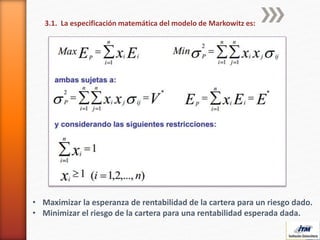3.1. La especificación matemática del modelo de Markowitz es:
• Maximizar la esperanza de rentabilidad de la cartera para un riesgo dado.
• Minimizar el riesgo de la cartera para una rentabilidad esperada dada.
 