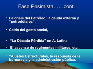 Fase Pesimista……cont.Fase Pesimista……cont.
• La crisis del Petróleo, la deuda externa y
“petrodólares”.
• Caida del gasto social,
• “La Década Pérdida” en A. Latina
• El ascenso de regímentes militares, etc..
• “Ajustes Estructurales, la respuesta de la
burocracia y la administración pública.
 