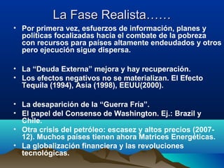 La Fase Realista……La Fase Realista……
• Por primera vez, esfuerzos de información, planes y
políticas focalizadas hacia el combate de la pobreza
con recursos para países altamente endeudados y otros
pero ejecución sigue dispersa.
• La “Deuda Externa” mejora y hay recuperación.
• Los efectos negativos no se materializan. El Efecto
Tequila (1994), Asia (1998), EEUU(2000).
• La desaparición de la “Guerra Fría”.
• El papel del Consenso de Washington. Ej.: Brazil y
Chile.
• Otra crisis del petróleo: escasez y altos precios (2007-
12). Muchos países tienen ahora Matrices Energéticas.
• La globalización financiera y las revoluciones
tecnológicas.
 