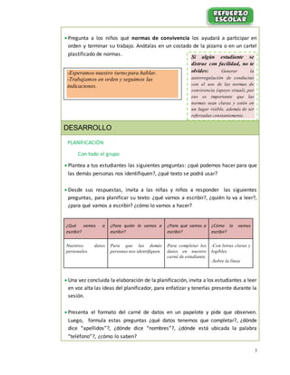 3
 Pregunta a los niños qué normas de convivencia los ayudará a participar en
orden y terminar su trabajo. Anótalas en un costado de la pizarra o en un cartel
plastificado de normas.
DESARROLLO
PLANIFICACIÓN
Con todo el grupo
 Plantea a tus estudiantes las siguientes preguntas: ¿qué podemos hacer para que
las demás personas nos identifiquen?, ¿qué texto se podrá usar?
 Desde sus respuestas, invita a las niñas y niños a responder las siguientes
preguntas, para planificar su texto: ¿qué vamos a escribir?, ¿quién lo va a leer?,
¿para qué vamos a escribir? ¿cómo lo vamos a hacer?
 Una vez concluida la elaboración de la planificación, invita a los estudiantes a leer
en voz alta las ideas del planificador, para enfatizar y tenerlas presente durante la
sesión.
 Presenta el formato del carné de datos en un papelote y pide que observen.
Luego, formula estas preguntas ¿qué datos tenemos que completar?, ¿dónde
dice “apellidos”?, ¿dónde dice “nombres”?, ¿dónde está ubicada la palabra
“teléfono”?, ¿cómo lo saben?
¿Qué vamos a
escribir?
¿Para quién lo vamos a
escribir?
¿Para qué vamos a
escribir?
¿Cómo lo vamos
escribir?
Nuestros datos
personales.
Para que las demás
personas nos identifiquen.
Para completar los
datos en nuestro
carné de estudiante.
-Con letras claras y
legibles.
-Sobre la línea
-Esperamos nuestro turno para hablar.
-Trabajamos en orden y seguimos las
indicaciones.
Si algún estudiante se
distrae con facilidad, no te
olvides: Generar la
autorregulación de conductas
con el uso de las normas de
convivencia (apoyo visual), por
eso es importante que las
normas sean claras y estén en
un lugar visible, además de ser
reforzadas constantemente.
 