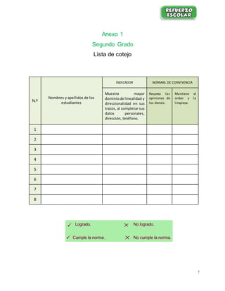 7
Anexo 1
Segundo Grado
Lista de cotejo
N.º
Nombres y apellidos de los
estudiantes
INDICADOR NORMAS DE CONVIVENCIA
Muestra mayor
dominiode linealidad y
direccionalidad en sus
trazos, al completar sus
datos personales,
dirección, teléfono.
Respeta las
opiniones de
los demás.
Mantiene el
orden y la
limpieza.
1
2
3
4
5
6
7
8
 