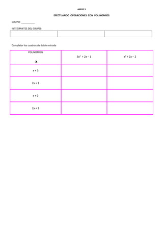 ANEXO 3
EFECTUANDO OPERACIONES CON POLINOMIOS
GRUPO: __________
INTEGRANTES DEL GRUPO:
Completar los cuadros de doble entrada
POLINOMIOS
x
3x2
+ 2x – 1 x2
+ 2x – 2
x + 3
2x + 1
x + 2
2x + 3
 