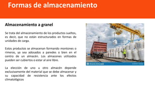 Formas de almacenamiento
Almacenamiento a granel
Se trata del almacenamiento de los productos sueltos,
es decir, que no están estructurados en formas de
unidades de carga.
Estos productos se almacenan formando montones o
rimeras, ya sea adosados a paredes o bien en el
centro de un almacén. Los almacenes utilizados
pueden ser cubiertos o estar al aire libre.
La elección de uno u otro almacén depende
exclusivamente del material que se debe almacenar y
su capacidad de resistencia ante los efectos
climatológicos
 