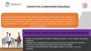CONCEPTO DE LA ORIENTACIÓN PSICOLÓGICA
05/30/2022
La orientación psicológica nace como respuesta a exigencias de desarrollo social; luego que se
fue contextualizando en el área escolar, el área laboral, familiar y personal para de una forma u
otra promover el crecimiento, donde el profesional tal como lo plantea Rogers, debe adoptar un
rol de orientador con una serie de actitudes personales y profesionales, como un existir en el
proceso terapéutico.
RECURSOS PARA LA EFECTIVIDAD DE LA ORIENTACIÓN PSICOLÓGICA
•
•
•
Ayudar es acompañar, facilitar, colaborar, guiar; no es recetar, aconsejar,
suplantar.
Trabajar las manifestaciones presentes porque el pasado es sentido y
vivido por la percepción presente que tiene del pasado.
El proceso de orientación psicológica busca una meta y no una
solución.
 