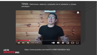 TEMA: Definiciones, objetivos y propósitos de la orientación y consejo
psicológico
https://www.youtube.com/watch?v=MR8710EHISE&t=362s
 