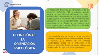 DEFINICIÓN DE
LA
ORIENTACIÓN
PSICOLÓGICA
La meta de la orientación es la de ayudar a los
clientes a ver que son lo suficientemente fuertes
y capaces, y a confiar en sus propias
posibilidades, éstos no lo entienden a la
primera, pudiendo llegar a esperar incluso que
el orientador les diga que tienen que hacer.
La Asociación Británica de Orientación da la
siguiente definición “El orientador puede
mostrar a sus clientes diferentes opciones,
ayudándoles a desarrollar la que ellos escojan.
Puede ayudar a examinar detalladamente las
situaciones o el comportamiento que les
incomodan y a llegar a ese punto casi
imperceptible pero decisivo desde el cual sería
posible iniciar un cambio.
 