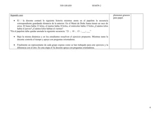 3ER GRADO SESIÓN 2
Segundo caso
• El / la docente contará la siguiente historia mientras anota en el papelote la secuencia
correspondiente guardando distancia de la anterior: En el Menú de Doña Juana tienen un saco de
arroz. El lunes había 21 kilos, el martes había 18 kilos, el miércoles había 15 kilos ¿Cuántos kilos
había el jueves? ¿Cuántos kilos habían el viernes?
*En el papelote debe quedar anotada la siguiente secuencia: “21 ; 18 ; 15 ; ___; ___”
• Bajo la misma dinámica y en los estudiantes resuelven el ejercicio propuesto. Mientras tanto la
docente controla el tiempo y apoya con preguntas orientadoras.
• Finalmente un representante de cada grupo expone como se han trabajado para este ejercicio y la
diferencia con el otro. En esta etapa el /la docente apoya con preguntas orientadoras.
plumones gruesos
para papel.
4
 