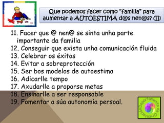 Que podemos facer como “familia” para
aumentar a AUTOESTIMA d@s nen@s? (II)

11. Facer que @ nen@ se sinta unha parte
importante da familia
12. Conseguir que exista unha comunicación fluida
13. Celebrar os éxitos
14. Evitar a sobreprotección
15. Ser bos modelos de autoestima
16. Adicarlle tempo
17. Axudarlle a proporse metas
18. Ensinarlle a ser responsable
19. Fomentar a súa autonomía persoal.

 