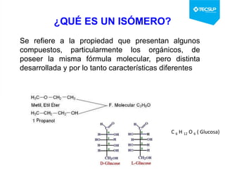 ¿QUÉ ES UN ISÓMERO?
Se refiere a la propiedad que presentan algunos
compuestos, particularmente los orgánicos, de
poseer la misma fórmula molecular, pero distinta
desarrollada y por lo tanto características diferentes
C 6 H 12 O 6 ( Glucosa)
 