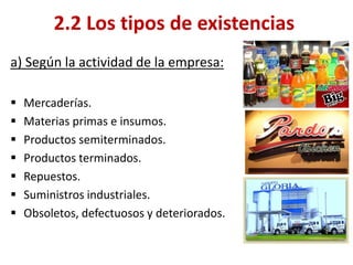 a) Según la actividad de la empresa: 
Mercaderías. 
Materias primas e insumos. 
Productos semiterminados. 
Productos terminados. 
Repuestos. 
Suministros industriales. 
Obsoletos, defectuosos y deteriorados. 
2.2 Los tipos de existencias  