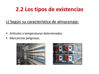 c) Según su característica de almacenaje: 
Artículos a temperaturas determinadas. 
Mercancías peligrosas. 
2.2 Los tipos de existencias  
