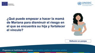 ¿Qué puede empezar a hacer la mamá
de Mariana para disminuir el riesgo en
el que se encuentra su hija y fortalecer
el vínculo?
Reflexión en parejas
 