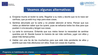 Veamos algunas alternativas
a. Enojarse mucho al recibir la carta. Regañar a su nieto y decirle que no le nace ser
cariñoso, que ya está muy viejo para esas cosas.
b. Sentirse abrumado por la carta y no prestar atención al tema. Pensar que sus
nietos ya deberían saber que los quiere, pues se esfuerza todos los días para que
puedan ir a la escuela y tengan sus cosas.
c. La carta le conmueve. Entiende que sus nietos tienen la necesidad de sentirse
queridos por él. Decide buscar la manera de ser más cariñoso, jugar con ellos y
pasar más tiempo juntos.
d. Hablar con una tía de los muchachos para que esté más pendiente de ellos y
pedirle que sea más afectuosa con ellos. Esas son cosas de mujeres.
 