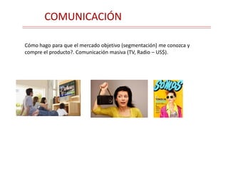 COMUNICACIÓN
Cómo hago para que el mercado objetivo (segmentación) me conozca y
compre el producto?. Comunicación masiva (TV, Radio – US$).
 